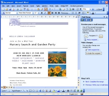 Mail merge screen shot