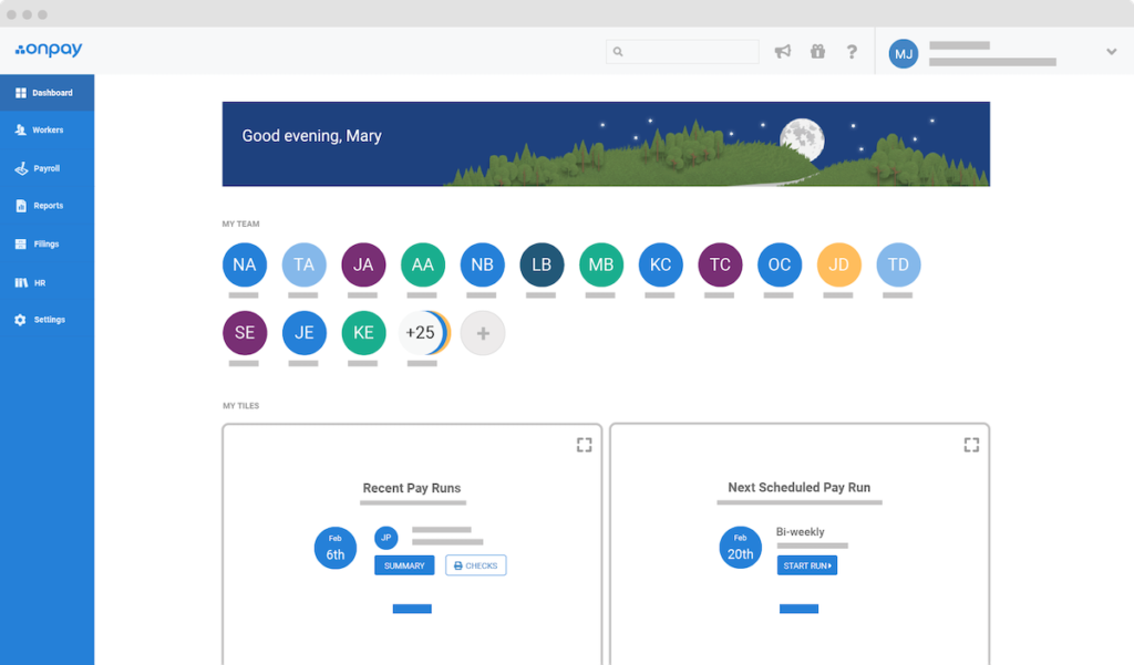 Screenshot of OnPay payroll dashboard.