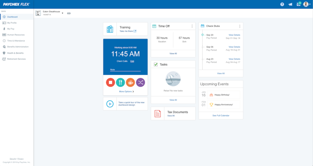 Screenshot of Paychex payroll dashboard.