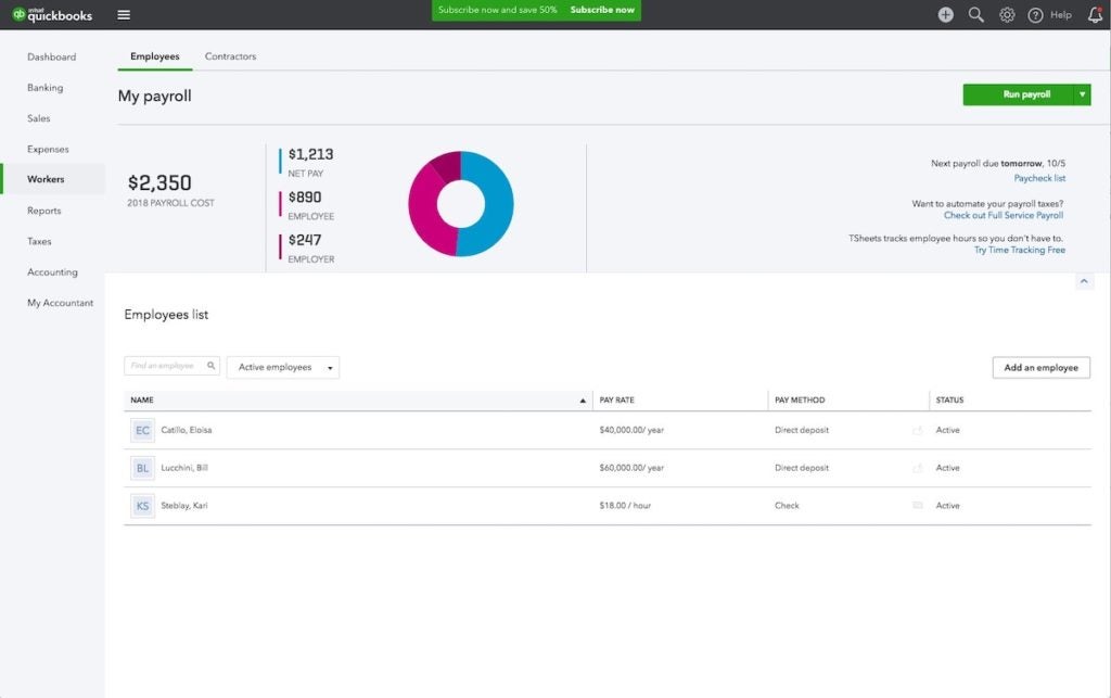 Screenshot of QuickBooks Payroll dashboard.