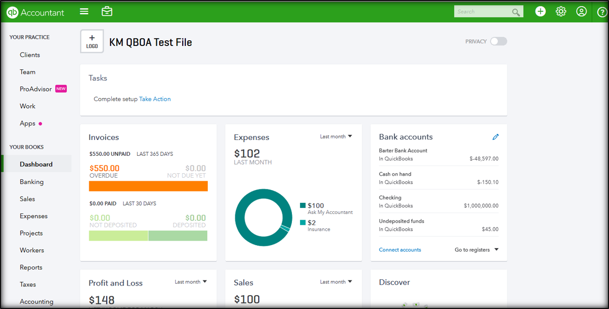 Quickbooks dashboard.