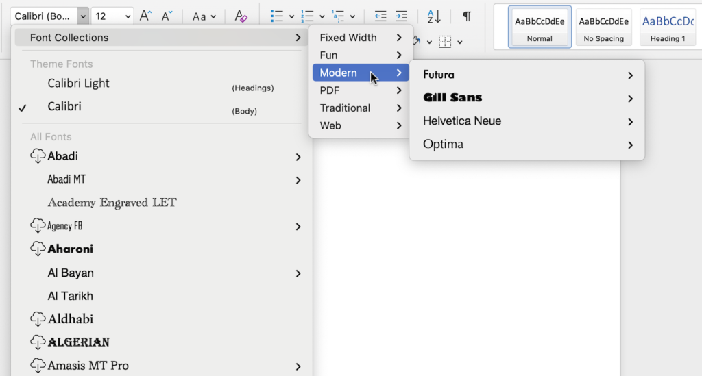 Screenshot of font options in Microsoft Word.