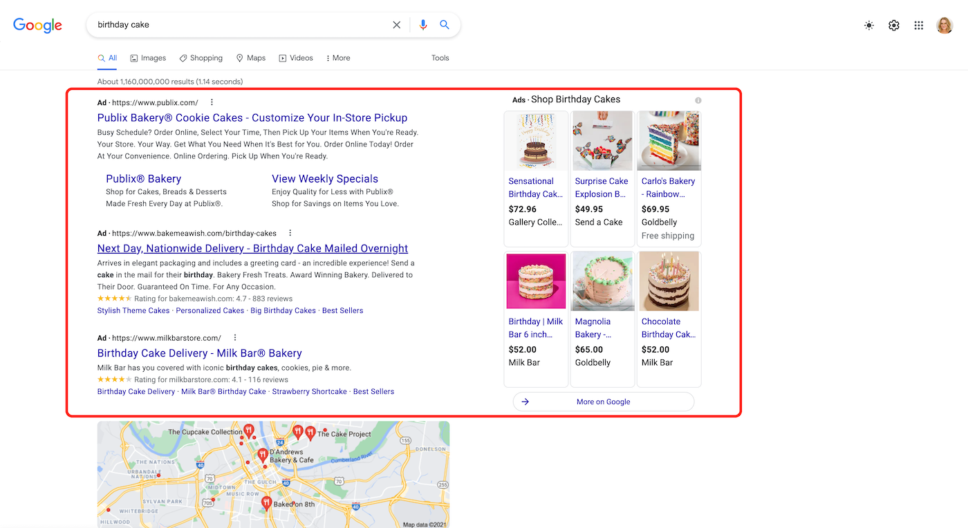 Screenshot of SEM ads under the search term "birthday cake" on Google.