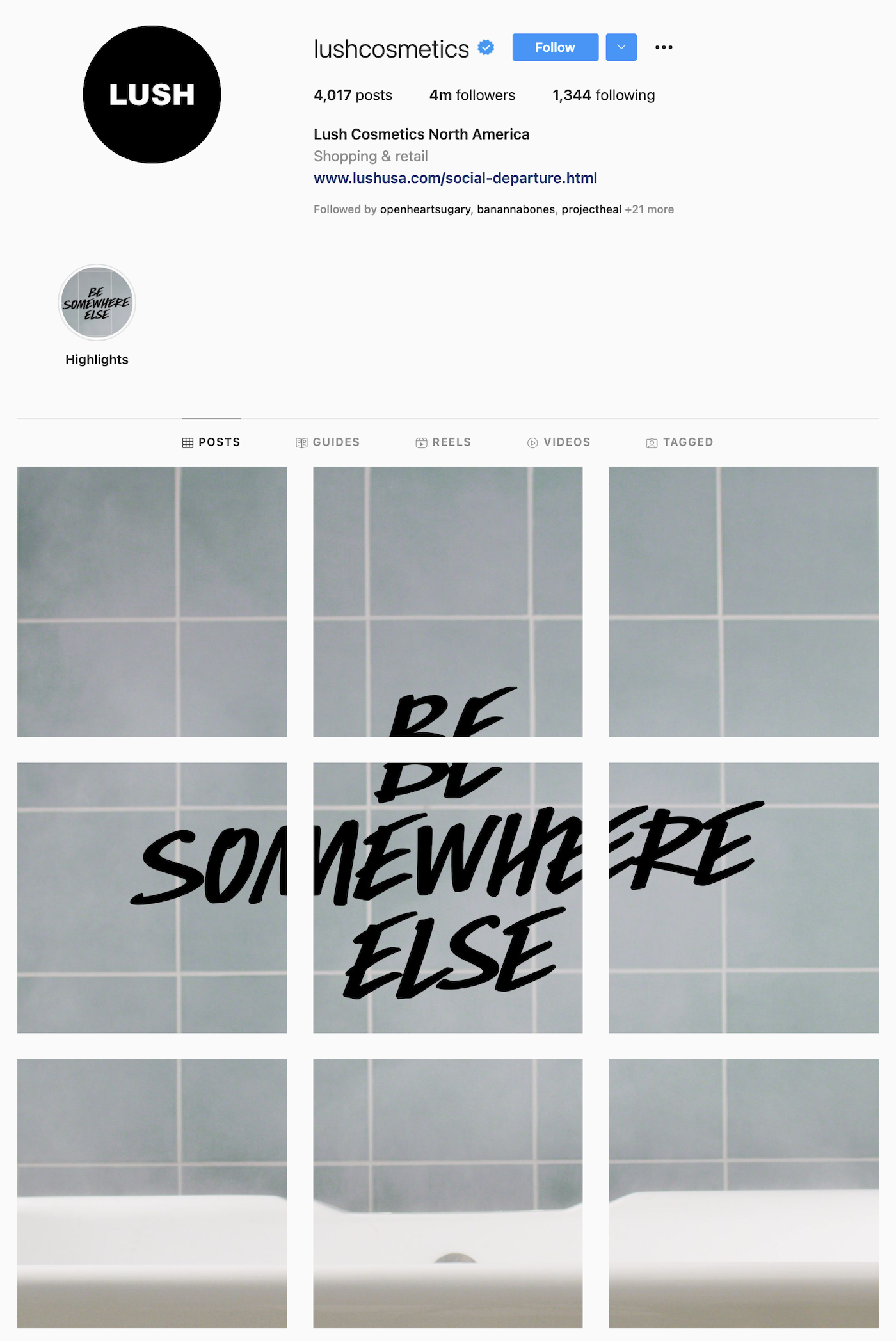 Screenshot of Lush's Instagram profile with 9 posts that together read "Be somewhere else".