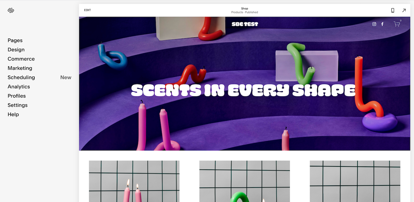 Screenshot of Squarespace platform.