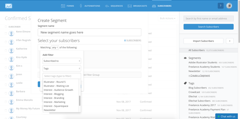 Screenshot of ConvertKit segments.